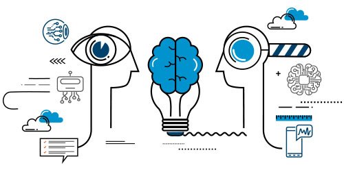 Two persons are looking at the brain that symbolizes a deep neural network connected to smart devices Two persons are looking at the brain that symbolizes a deep neural network connected to smart devices